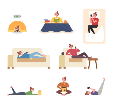 A woman taking a break at home. flat design style minimal vector illustration