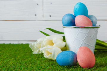 Easter Eggs with flower on Green Grass