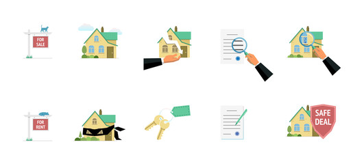 Real estate property sale rent risk fraud safe elements. Vector modern flat illustration set