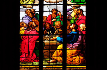 Apostles before empty tomb of Virgin Mary, stained glass in Zagreb cathedral 