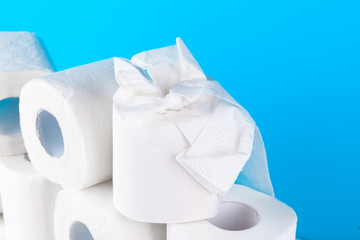 Toilet paper. Close up shot on blue background