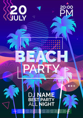 beach party futuristic poster design with palm trees abstract wave lines geometric shapes - obrazy, fototapety, plakaty