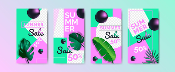 summer sale vertical banners  design set with tropical leaves geometric shapes for mobile app social media stories