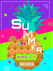 summer party colorful poster with pineapple and geometric shapes distortion effect