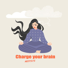Pretty girl sits in a yoga pose and meditates. Conceptual image of the benefits of practicing meditative practices for brain development.