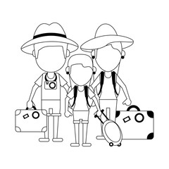 Tourist family cartoon in black and white