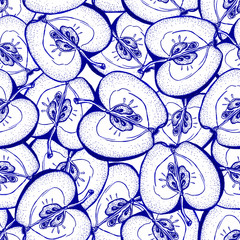 Hand drawn seamless pattern with blue appels