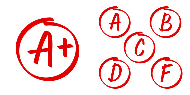 School grade results vector icons. Letters and plus grades marks in red circle