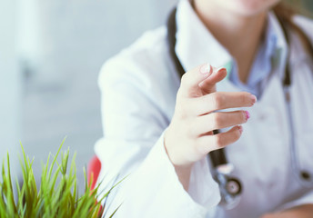 Closeup female health care professional, woman doctor pointing finger, you did something wrong. - obrazy, fototapety, plakaty