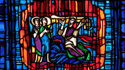 Stained glass window in the parish church of St. Stephen in Wasseralfingen, Germany 