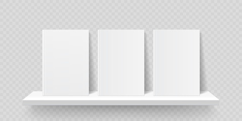 Book shelf mockup. Vector bookshelf wall with blank book front covers, brochure gallery shop shelves template © Avector