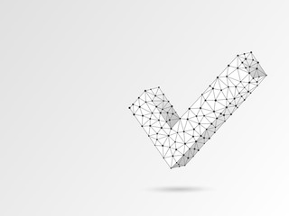Check mark abstract origami image. Polygonal Raster business concept of success, agreement, ok illustration. Low poly wireframe, geometry triangle, lines, dots, polygons on white background