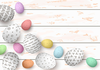 Happy Easter. Congratulatory easter white shabby wooden background. Easter colorful shabby eggs
