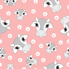 Seamless cow pattern. Animal pink background with cute cows and flowers. Vector illustarion. 