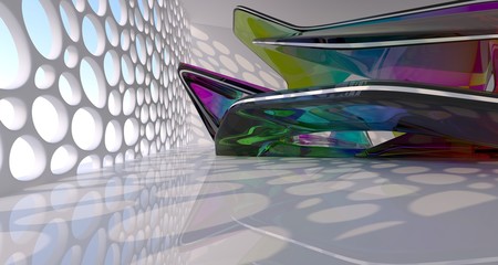 Abstract white and colored gradient glasses interior multilevel public space with window. 3D illustration and rendering.