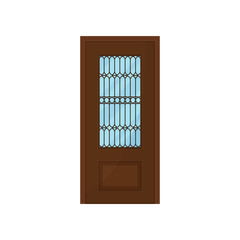 Classic wooden door with glass on white background.