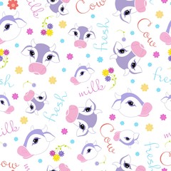 Seamless cow pattern. Animal white background with cute cows and colorful flowers. Vector illustarion. 