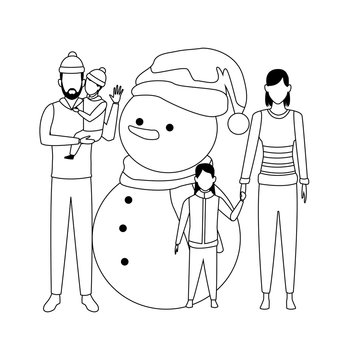 Family With Snowman Black And White