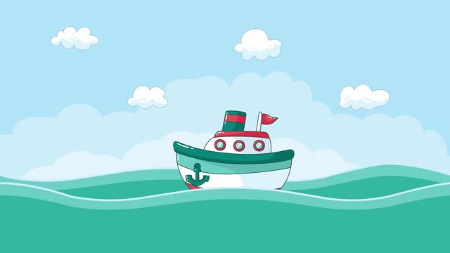 Cartoon Boat Ship Animation on the sea with clouds, boat and ship illustration, animation of a ship or boat in the sea , 4k resolution of a ship, vessel or boat drawing