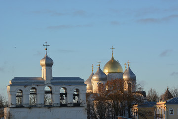 Fototapeta na wymiar Saint Sophia Cathedral and the belfry of the Kremlin. Veliky Novgorod