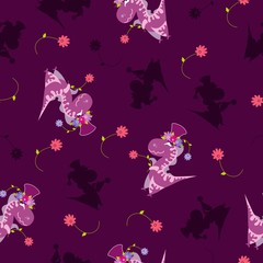 Obraz na płótnie Canvas Seamless dinosaur pattern with flower. Animal background with pink dino. Vector illustration.