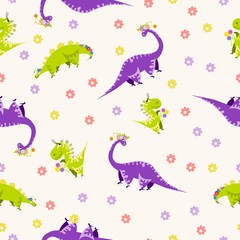 Seamless dinosaur pattern with flower. Animal spring background with dino. Vector illustration.