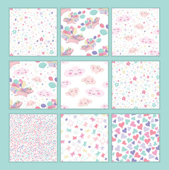 Vector templates with 9 seamless patterns with flying unicorn holds colorful balls in its mouth