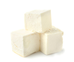 Tasty feta cheese on white background