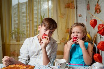 Children brother and sister having fun laughing at home