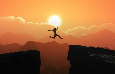 Silhouette a businessman jumps over the ravine. Challenge, obstacle, optimism, determination in...