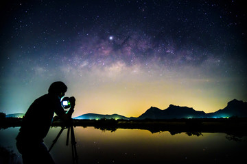 Photographer take the photo of milky way at the lake