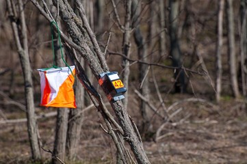 Orienteering. Check point Prism and electronic composter for orienteering close-up. Navigation...