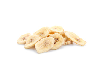 Fototapeta na wymiar Tasty dried slices of banana on white background