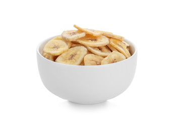 Bowl with tasty dried banana on white background