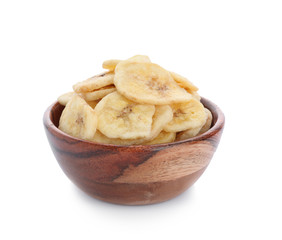 Bowl with tasty dried banana on white background