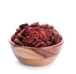 Bowl with tasty dried strawberry on white background