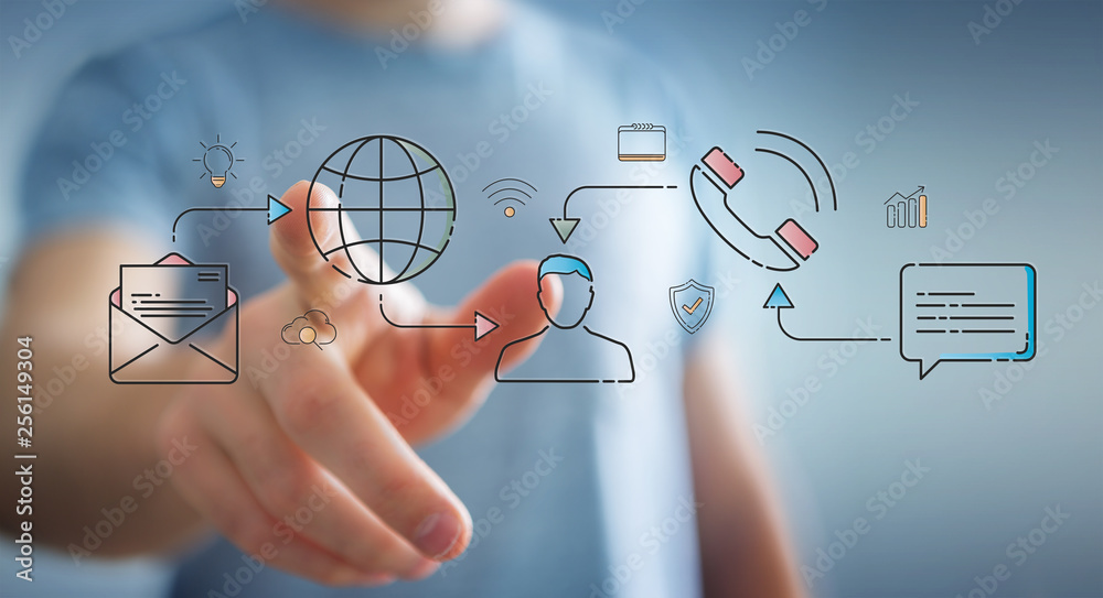Poster businessman using thin line social network icons interface
