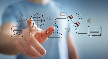 Businessman using thin line social network icons interface