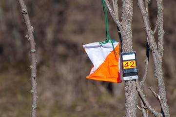 Orienteering. Check point Prism and electronic composter for orienteering close-up. Navigation...