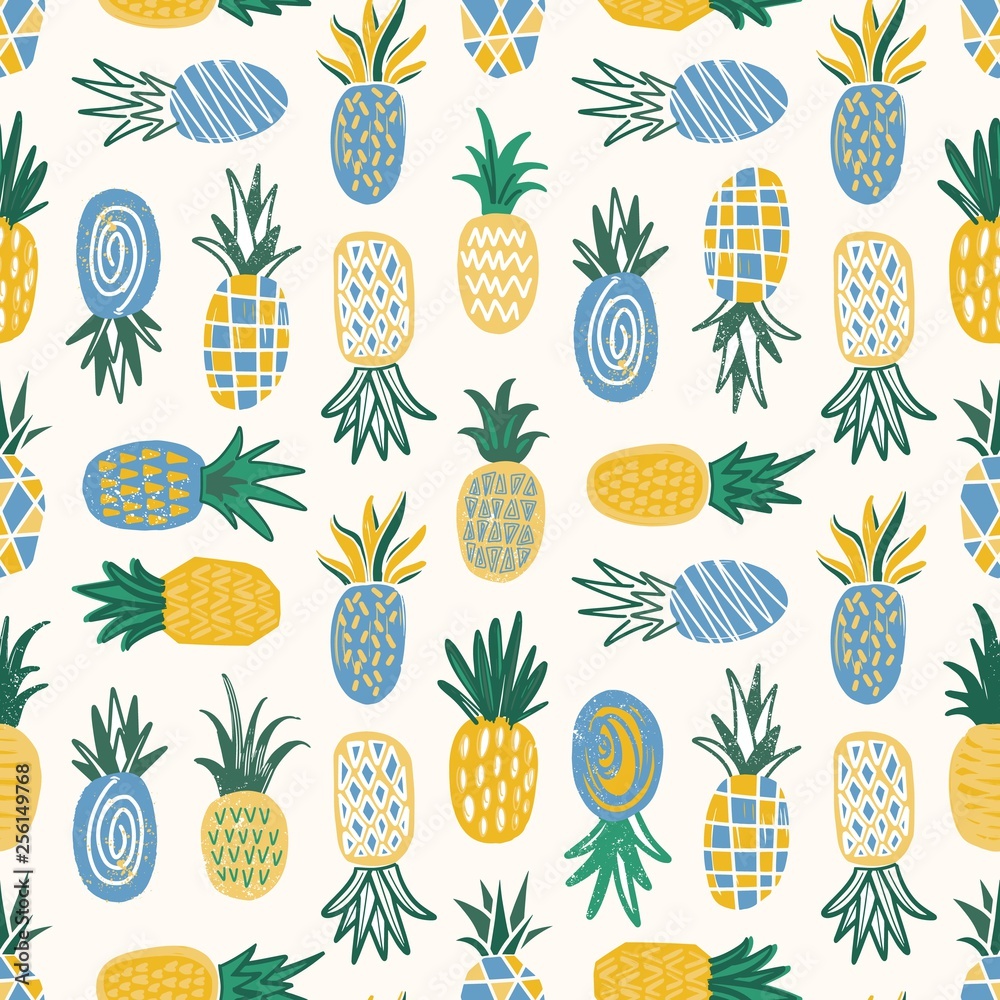 Aufkleber Flat seamless pattern with pineapples of various texture on white background. Backdrop with exotic tropical fresh juicy fruits. Colorful vector illustration in modern doodle style for textile print.