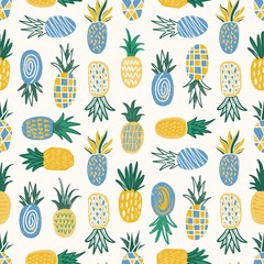 Flat seamless pattern with pineapples of various texture on white background. Backdrop with exotic tropical fresh juicy fruits. Colorful vector illustration in modern doodle style for textile print.