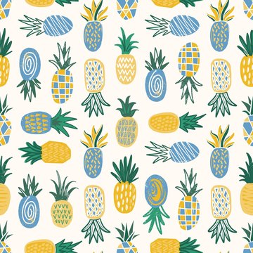Flat seamless pattern with pineapples of various texture on white background. Backdrop with exotic tropical fresh juicy fruits. Colorful vector illustration in modern doodle style for textile print.