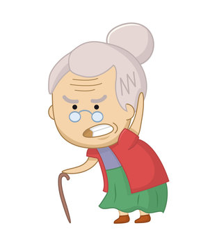 Vector illustration of Angry old woman character. Funny grumpy grandmother. Senior chibi woman.