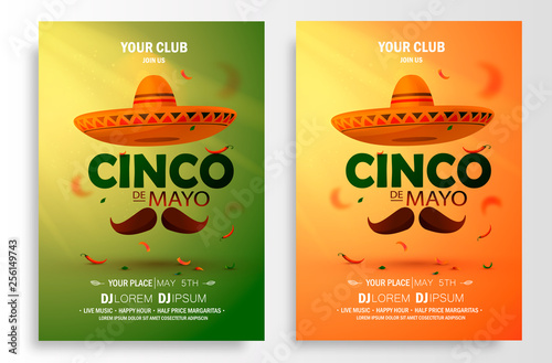 Cinco De Mayo poster design. Marketing, advertising or invitation template with copy space for your holiday celebration at a bar, restaurant, nightclub or other venue. Vector illustration