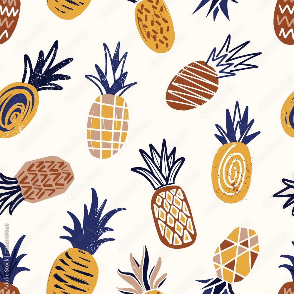 Poster Cool seamless pattern with textured pineapples on light background. Backdrop with tropical fresh ripe juicy fruits. Natural vector illustration in modern style for wrapping paper, fabric print.