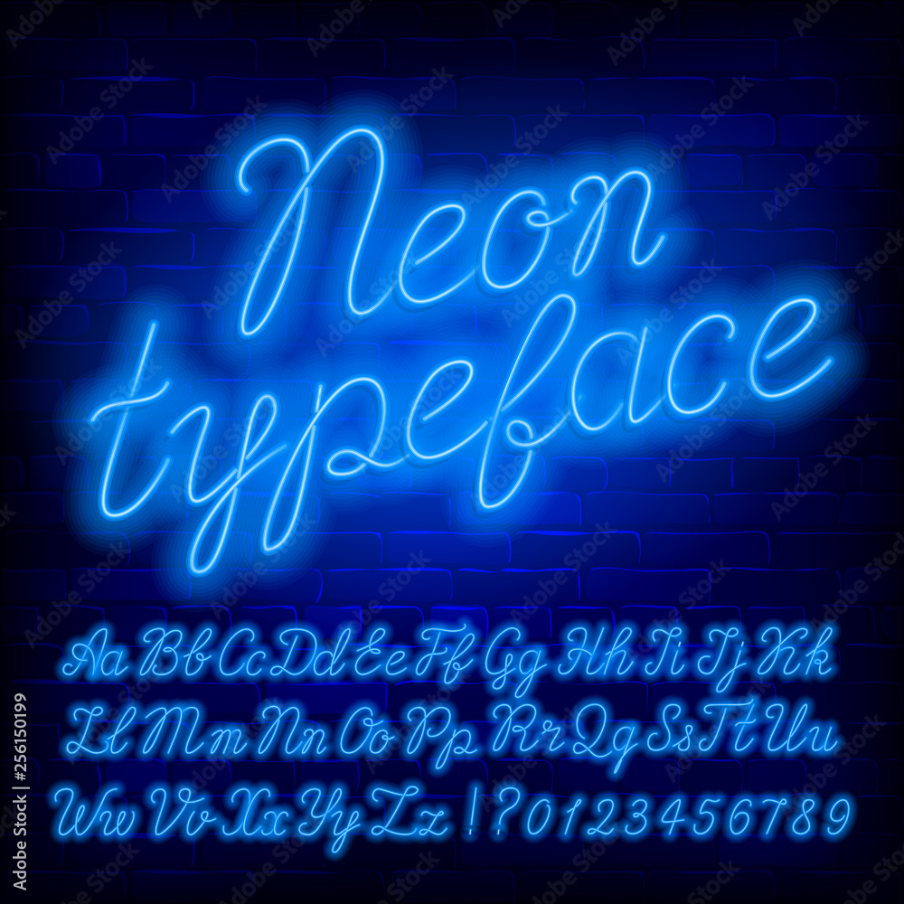 Fototapete blue neon alphabet font. blue neon color lowercase and uppercase script letters and numbers. stock v