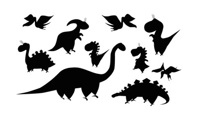 Collection silhouette of dinosaurs. Cartoon dino. Vector illustration.