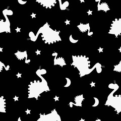 Seamless pattern dinosaurs shadow. Animal black background with white dino. Vector illustration.