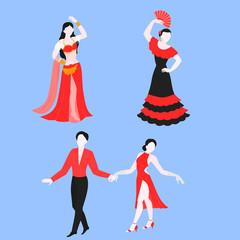 Flat set of flamenco, latino and belly dance, traditional dancer in national costume. Performance dancing