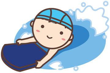 ビート板を使って泳ぐスクール水着の男の子
